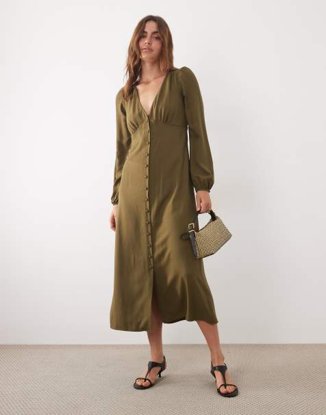 Nobody's Child Kennedy v neck balloon long sleeve button front midi dress in green - view 1