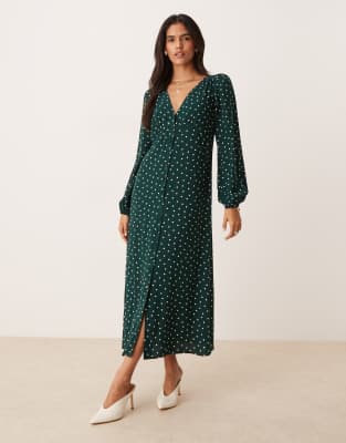 slim fit dress slacks Green Polka Dot Tie Neck Midi Dress & Reviews - Green - Dresses main image 0
