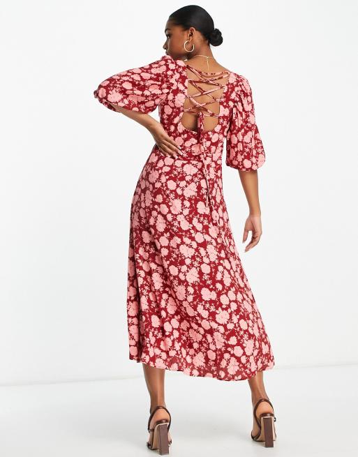 Nobody's Child – Kenya – Midikleid in Rot mit Puffärmeln und Blumenmuster, 2 von 4
