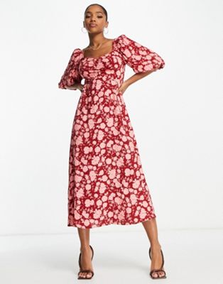 Nobody's Child Kenya puff sleeve midi dress in red floral - ASOS Price Checker
