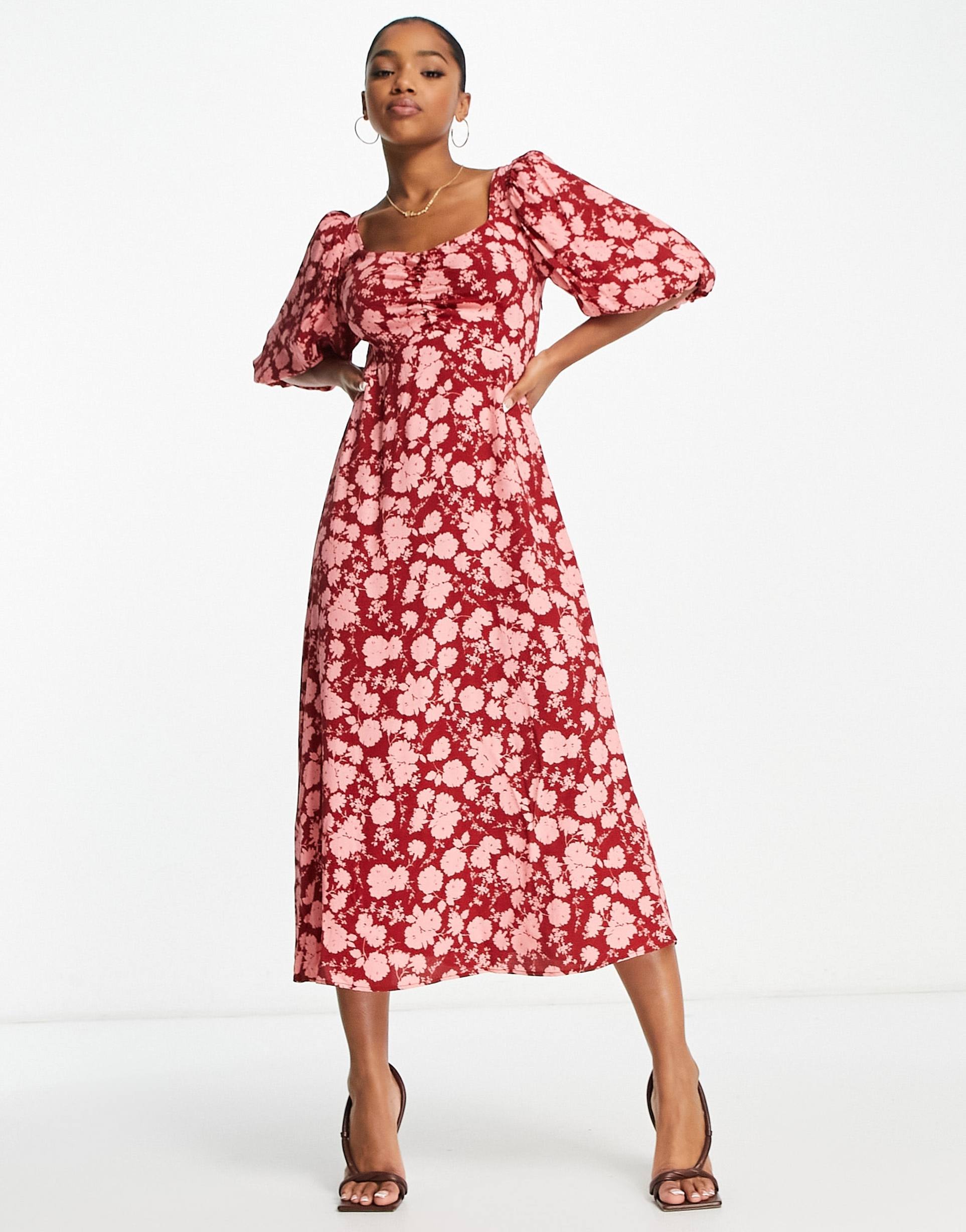 nobody's child kenya puff sleeve midi dress in red floral