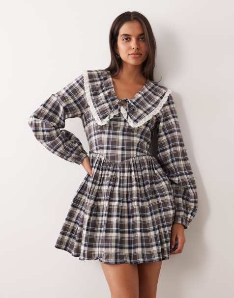 Nobody's Child Kia cotton oversized collar balloon sleeve smock mini dress in brown tartan - view 1