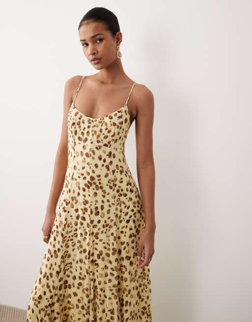 Nobody's Child Kiki cami open tie back maxi dress in yellow blurred leopard print, 4 of 4