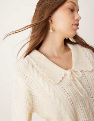 knit pointelle sweater with collar in cream-White