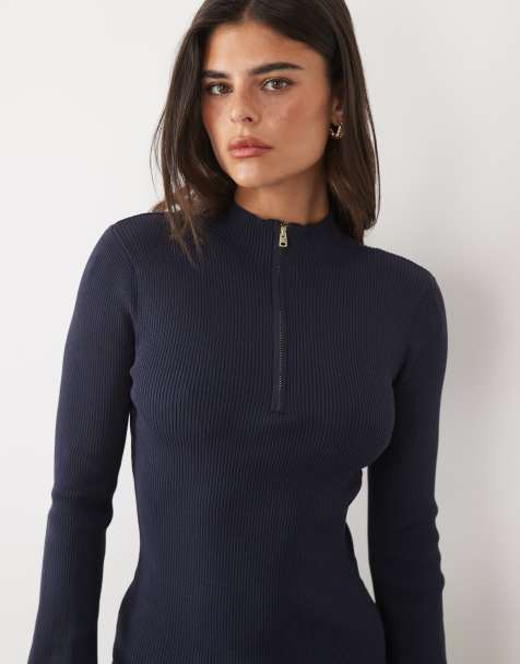 Nobody's Child knit ribbed quarter zip long sleeve top in navy - view 1