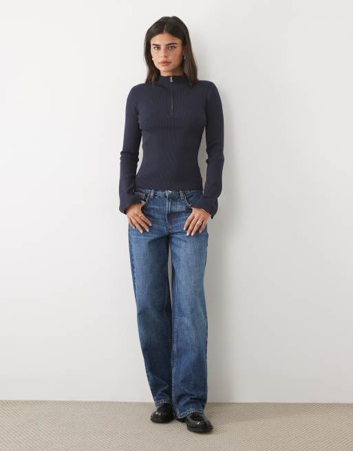 Nobody's Child knit ribbed quarter zip long sleeve top in navy, 2 of 4