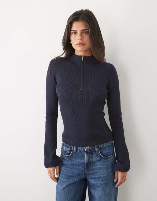 Nobody's Child knit ribbed quarter zip long sleeve top in navy, 3 of 4