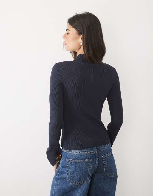 Nobody's Child knit ribbed quarter zip long sleeve top in navy, 4 of 4
