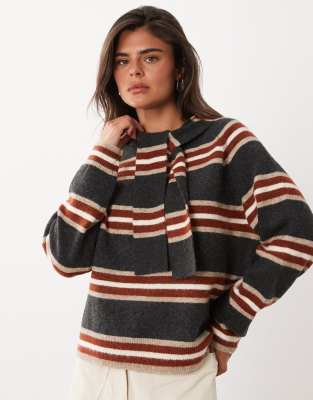 Nobody's Child Knit Round Neck Sweater With Scarf Detail In Gray