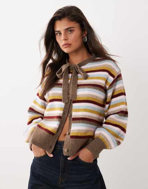 Nobody's Child knit tie detail long sleeve cardigan in multi stripe - view 1
