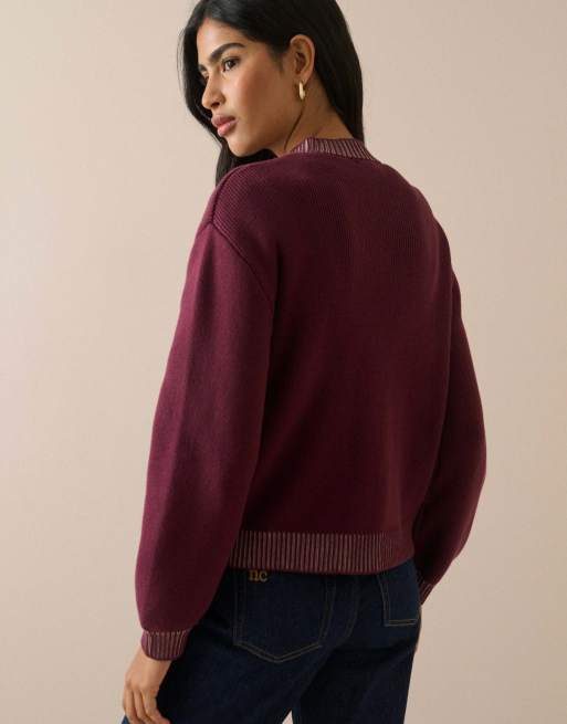 Nobody's Child Knitted bomber jacket in burgundy, 2 of 5