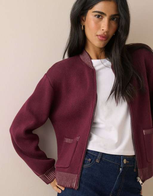Nobody's Child Knitted bomber jacket in burgundy, 3 of 5