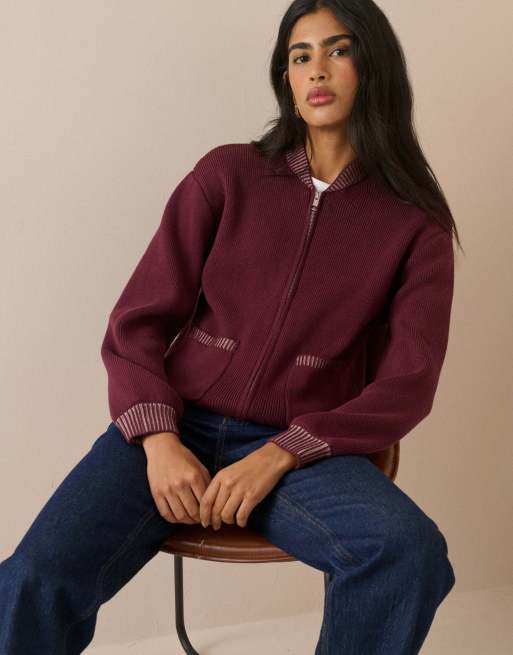 Nobody's Child Knitted bomber jacket in burgundy, 4 of 5