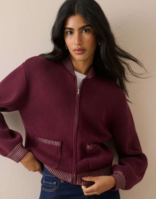 Nobody's Child Knitted bomber jacket in burgundy, 5 of 5