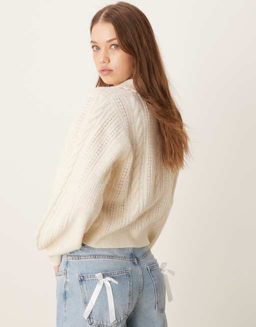 Nobody's Child knitted pointelle jumper with collar in cream ASOS