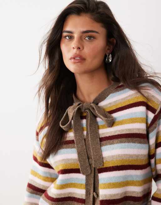 Nobody's Child knitted tie detail long sleeve cardigan in multi stripe, 2 of 4