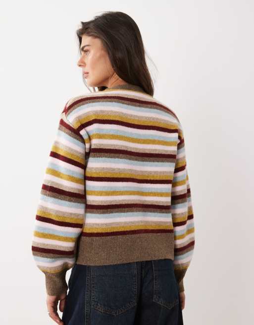 Nobody's Child knitted tie detail long sleeve cardigan in multi stripe, 3 of 4