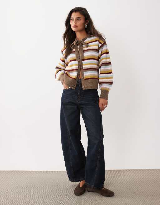 Nobody's Child knitted tie detail long sleeve cardigan in multi stripe, 4 of 4