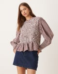 [Nobody's Child] Nobody's Child Knowles balloon sleeve shirred blouse in brown check 22 BROWN