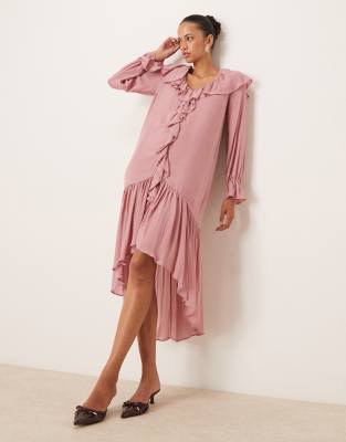 Koko sheer frill boho midi dress in pale pink