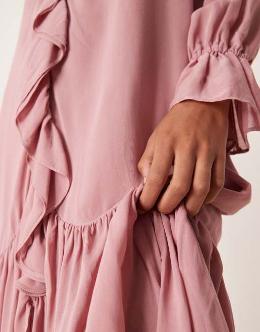 Nobody's Child Koko sheer frill boho midi dress in pale pink | ASOS