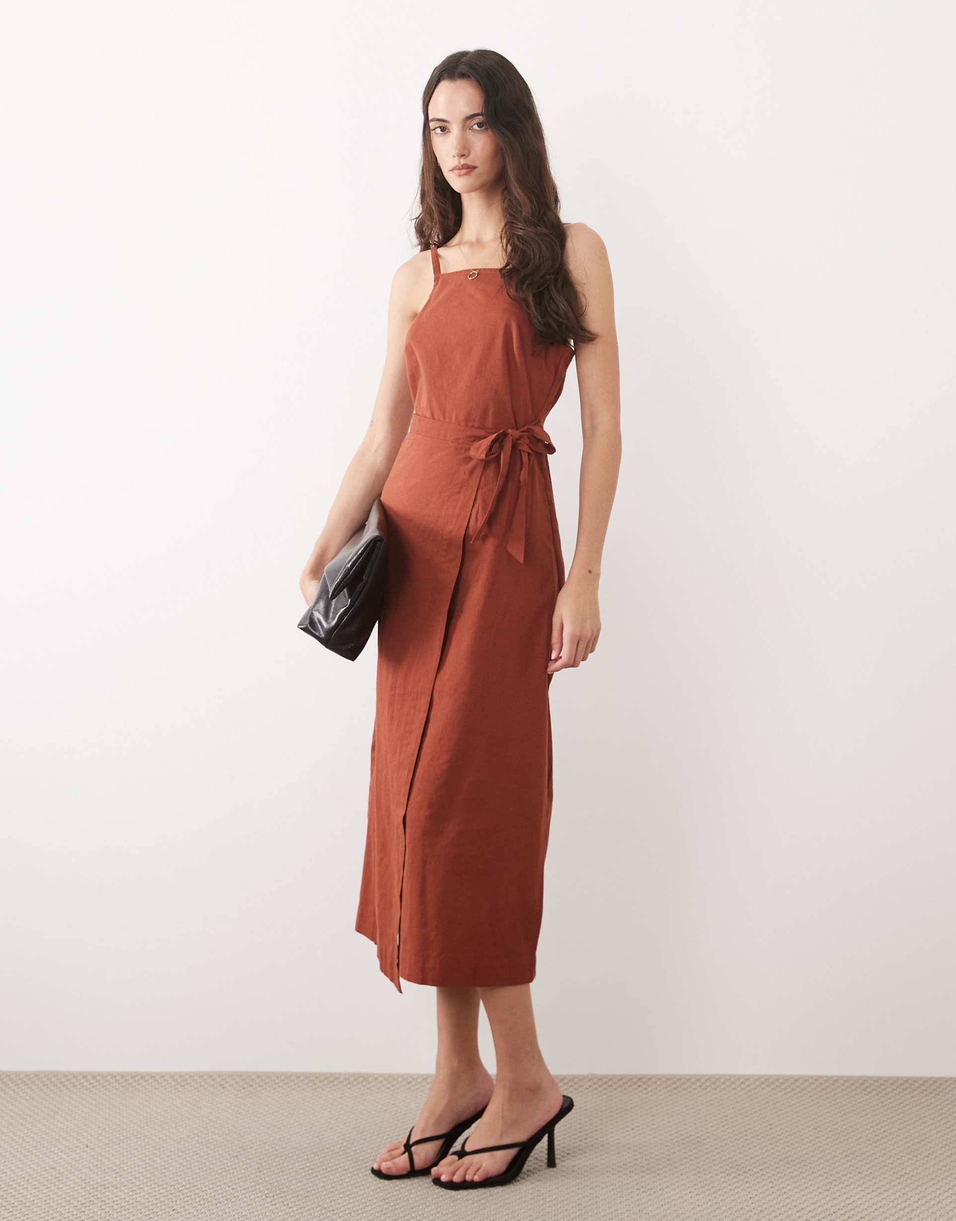 nobody's child kourtney linen blend wrap front cami midi dress in brown