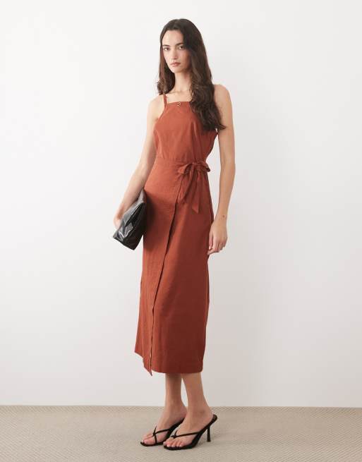 Nobody's Child Kourtney linen blend wrap front cami midi dress in brown |  ASOS