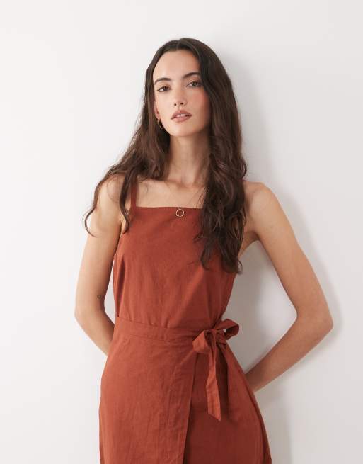 Nobody's Child Kourtney linen blend wrap front cami midi dress in brown, 2 of 4