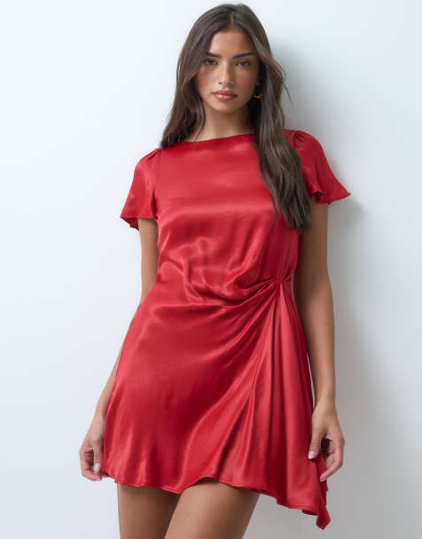 Nobody's Child Krina satin boat neck flutter sleeve gathered ruched detail mini dress in red - view 1