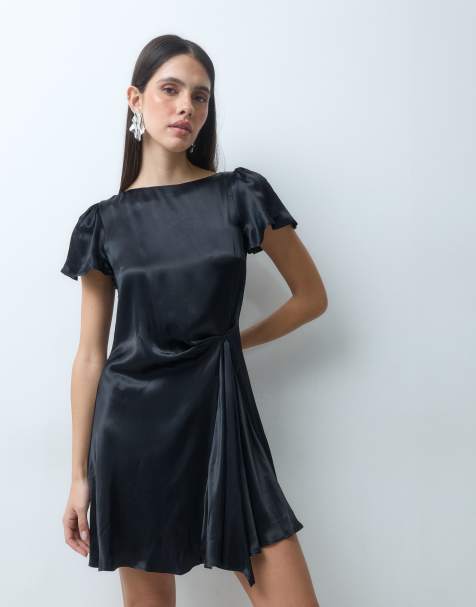 Nobody's Child Krina satin boat neck flutter sleeve ruched detail mini dress in black