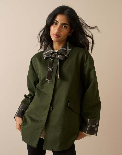 Nobody's Child krótki trencz z kontrastową lamówką w kratę tartan w kolorze khaki - view 1