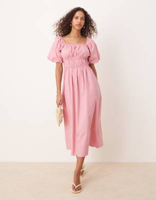 Kurtis puff sleeve midi dress in pink