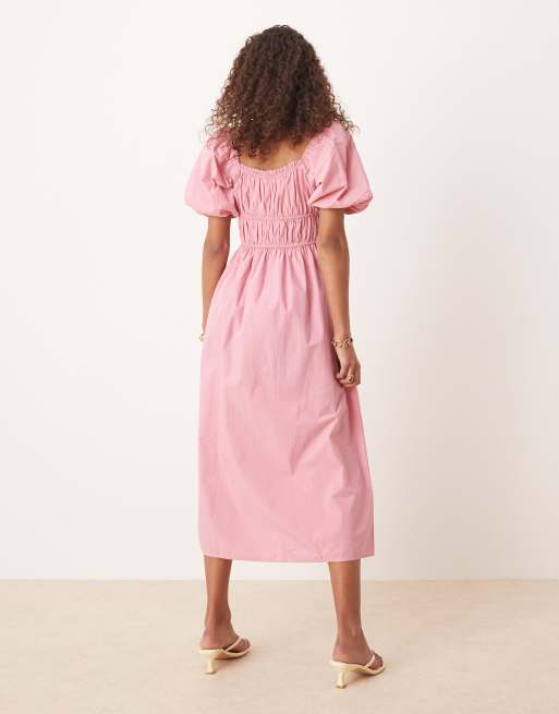 Nobody's Child Kurtis puff sleeve midi dress in pink, 3 of 4