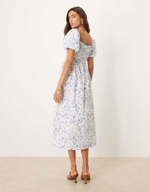 Nobody's Child - Kurtis - Vestito midi blu e bianco a fiorellini con corpino arricciato, 2 di 4