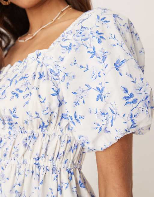 Nobody's Child - Kurtis - Vestito midi blu e bianco a fiorellini con corpino arricciato, 3 di 4