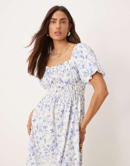 Nobody's Child - Kurtis - Vestito midi blu e bianco a fiorellini con corpino arricciato, 4 di 4