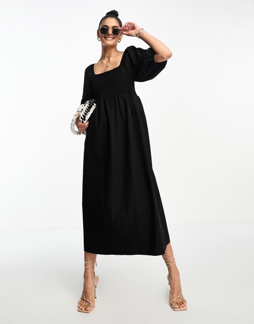 New Look shirred square neck midi dress in black