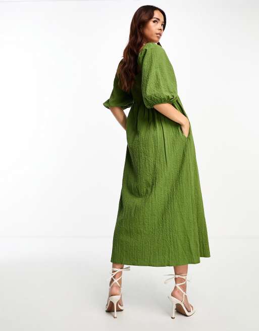 Nobody's Child Kylie puff sleeve midi dress in khaki | ASOS