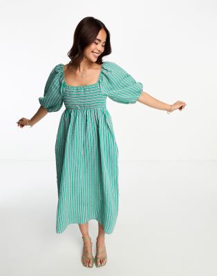 Nobody's Child Kylie puff sleeve striped midi dress in green-Multi