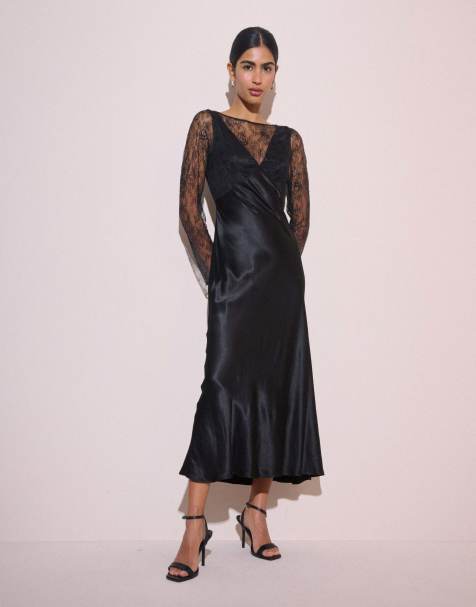 Nobody's Child Lace detail satin kimber midi dress in black - view 1