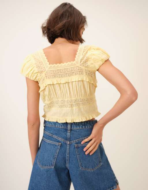 Nobody's Child lace detail short sleeve button down top in yellow, 2 of 4