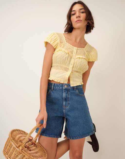 Nobody's Child lace detail short sleeve button down top in yellow, 3 of 4