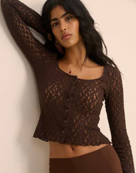 Nobody's Child Lace scoop neck cardigan in brown - view 1