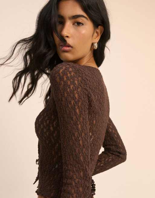 Nobody's Child Lace scoop neck cardigan in brown, 2 of 5