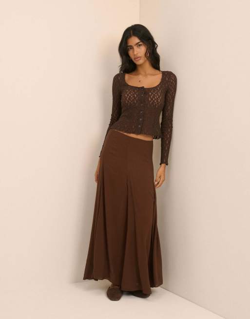 Nobody's Child Lace scoop neck cardigan in brown, 4 of 5