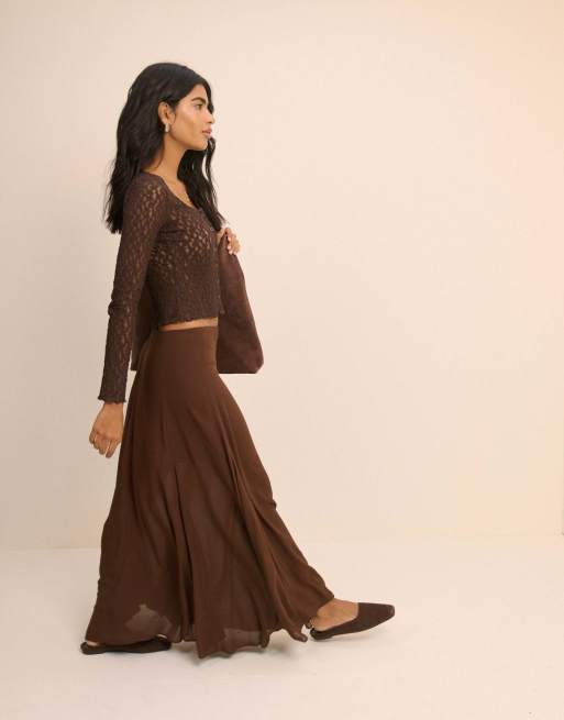 Nobody's Child Lace scoop neck cardigan in brown, 5 of 5
