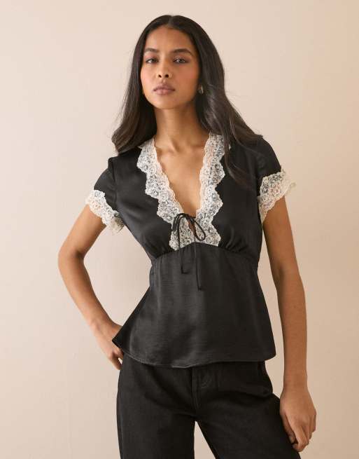 Nobody's Child Lace trim maeve top in black, 4 of 4