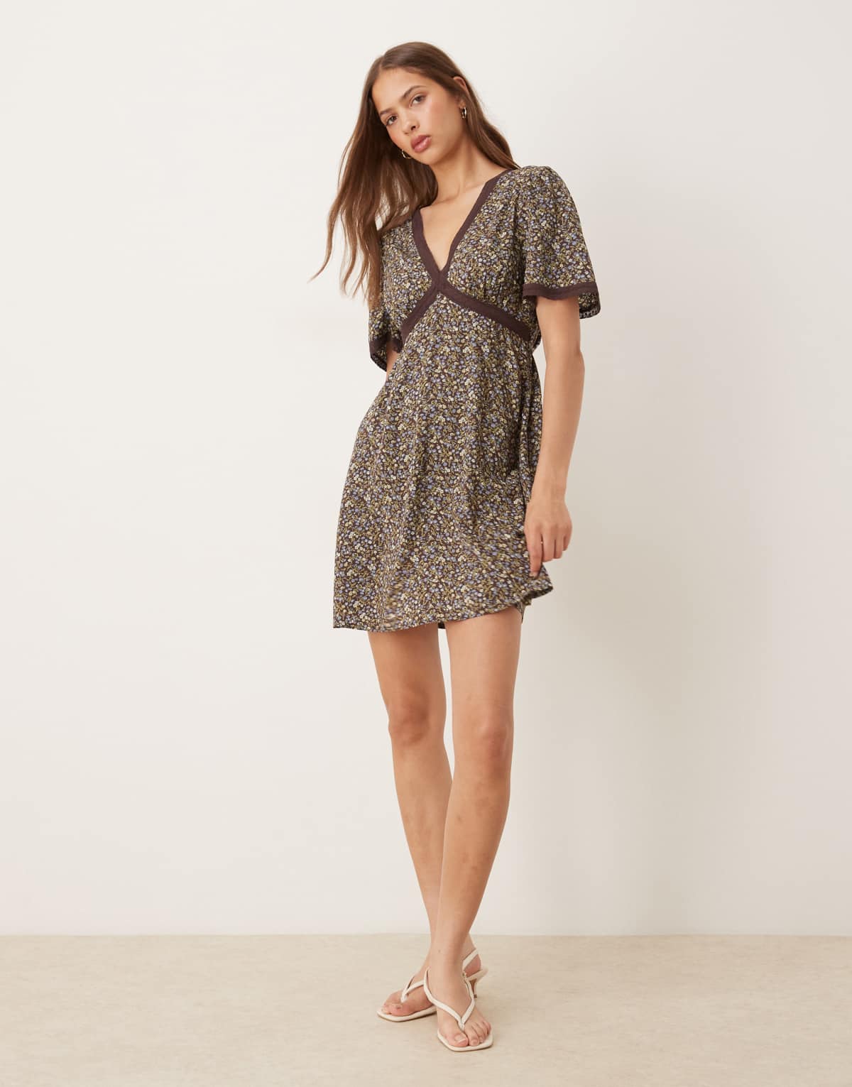 Nobody's Child lace trim mini dress in chocolate ditsy floral