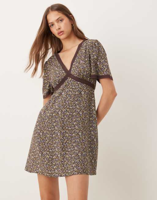 Nobody's Child lace trim mini dress in chocolate micro floral, 4 of 4