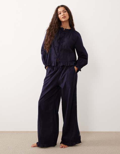 Nobody's Child lace trim pyjama top and trousers set in navy - view 1